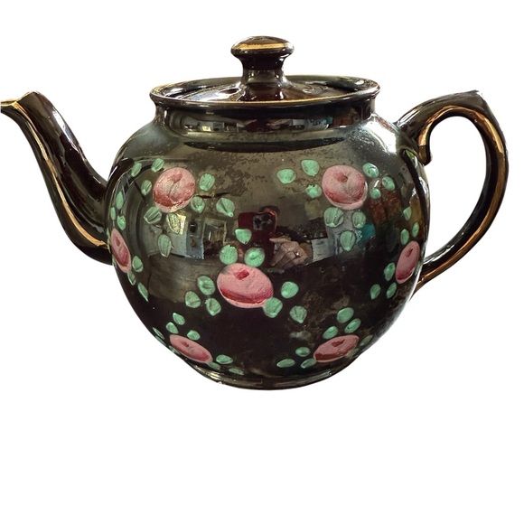 Vintage made in  England WWII Floral Enameled Brown Stoneware Teapot - Picture 7 of 7